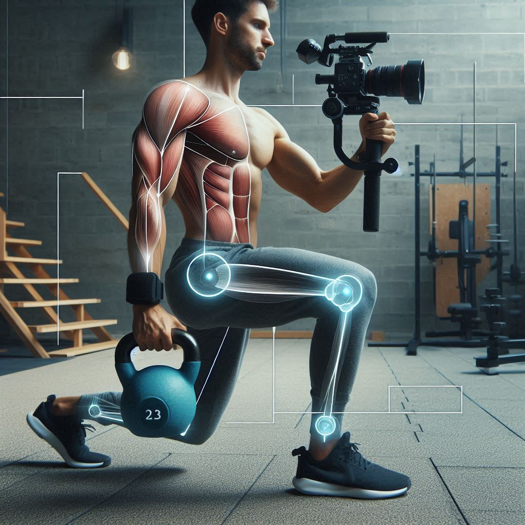 A person doing Kettlebell exercises with a clear indication that the same muscles are used by a videographer when using a camera with a gimbal